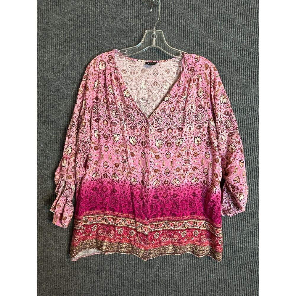 Simply Emma Womens 2X Boho Blouse Pink Multicolor Paisley Print Rayon 3/4 Sleeve